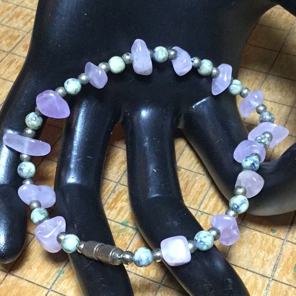 Semiprecious Jasper Stone Amethyst Crystal Brass 8”L Bracelet EVC Barrel Clasp - Picture 1 of 7